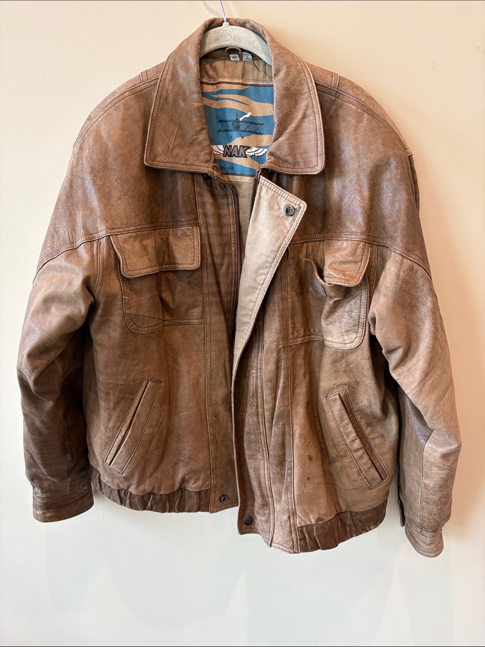 Vintage Brown Leather Bomber Jacket with Classic Collar